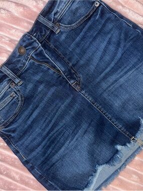 American Eagle Outfitters Dark Blue Denim Midi Skirt with Raw Hem